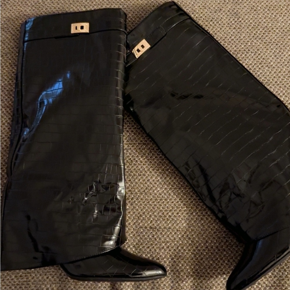 Black Croc-Embossed Knee-High Boots